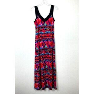 Edin Maxi Sun Dress Women’s Size S V-Neck Stretchy Side Slit Artsy Boho Resort